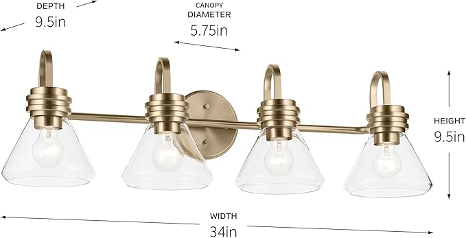 Kichler Farum 34" 4-Light Vanity Light with Clear Glass in Champagne Bronze, for Single or Double Vanity, Oveer a Mirror, Powder Room, Bathroom, (34" W x 9.5" H), 55156CPZCLR