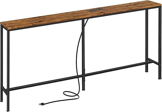 SUPERJARE 70 Inch Console Table with Outlet, Sofa Table with Charging Station, Narrow Entryway Table, Skinny Hallway Table, for Living Room, Rustic Brown