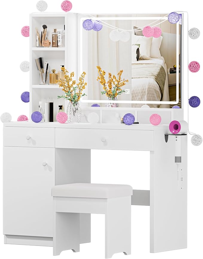Makeup Vanity Desk with Mirror and Led Lights,Makeup Desk with Lights 3 Colors,Makeup Vanity with 5 Drawers&3 Shelves, Vanity Table with Stool and Power Outlet, Vanity Set for Bedroom,White
