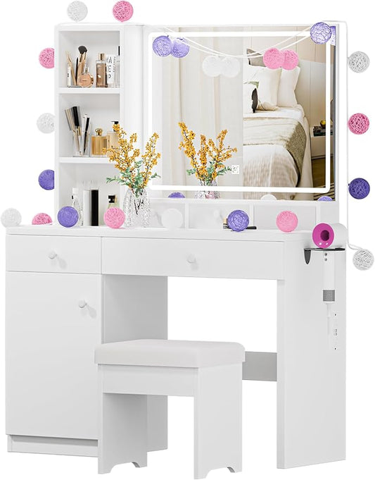 Makeup Vanity Desk with Mirror and Led Lights,Makeup Desk with Lights 3 Colors,Makeup Vanity with 5 Drawers&3 Shelves, Vanity Table with Stool and Power Outlet, Vanity Set for Bedroom,White