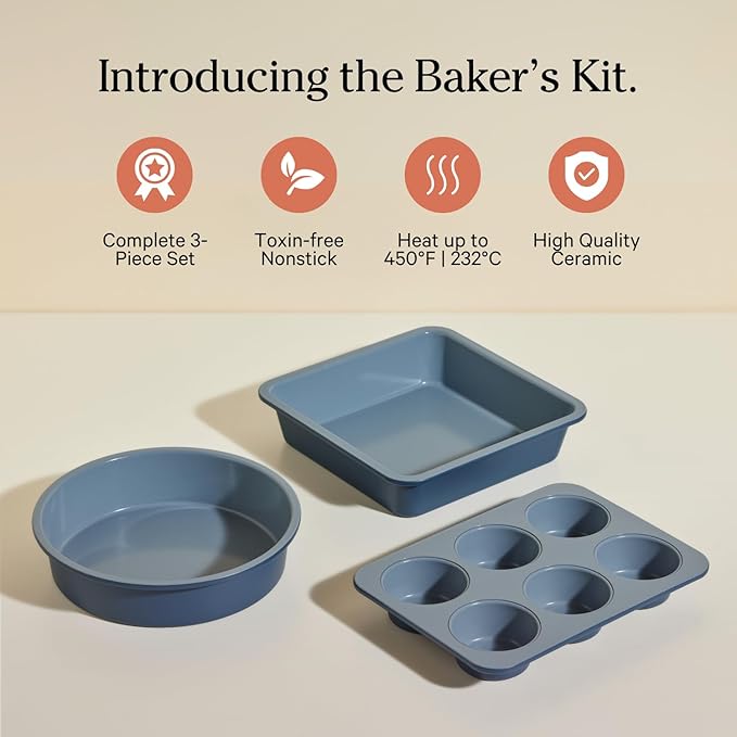 Our Place Wonder Oven Baker’s Kit – 3-Piece Toxin-Free Ceramic Nonstick Bakeware Set (8” Round, 8” Square, 6-Cup Muffin Pan) - Oven-Safe up to 450°F - Blue Salt