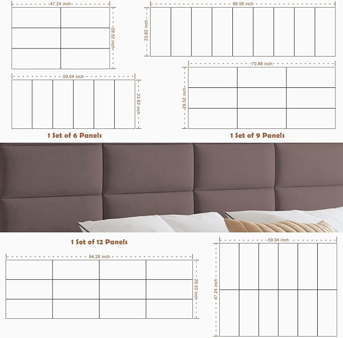 iNOW Wall Mounted Upholstered Headboard King, 3D Peel and Stick Soundproof Wall Panels, Reusable and Removable Padded Leather Bed Headboard, 12 Panels 9.84" x 23.62", Dark Skin
