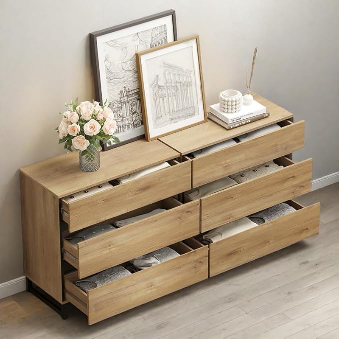 WAMPAT Modern TV Stand for TVs up to 120 inch, Entertainment Center TV Console with 12 Drawers and Metal Base, Media Console for Living Room, Bedroom, Oak