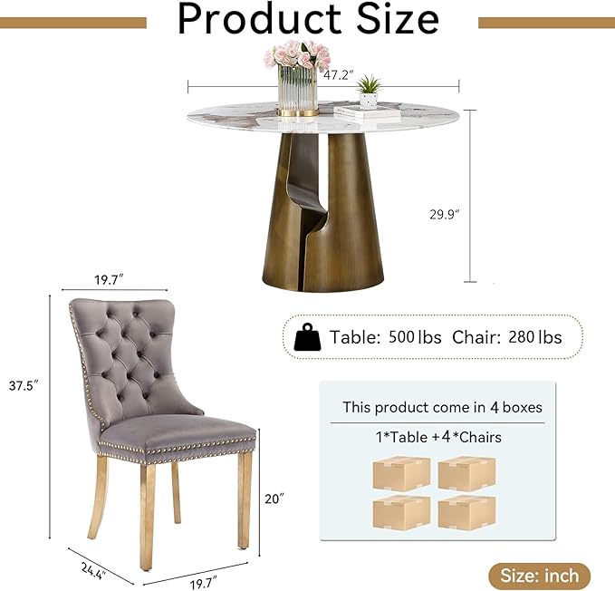 5-Piece Faux Marble Round Dining Table Set for 4, Modern Luxury Kitchen Table Set for 4 with Grey Tufted Chairs,Circle Dining Tables with Pandora Grain Top and Bronze Pedestal Base