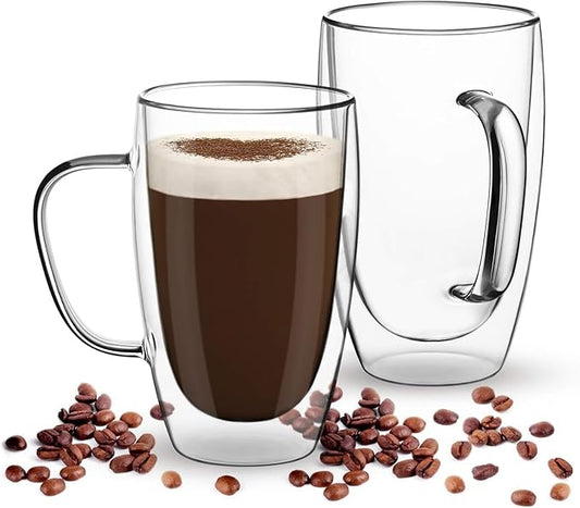 Espresso Cups Set Of 2 15 Oz, Double Walled Glass Coffee Mugs with Handle,Insulated Layer Coffee Cups,Clear Borosilicate Glass Mugs,Perfect for Cappuccino,Tea,Latte,Espresso,Hot Beverage,Wine