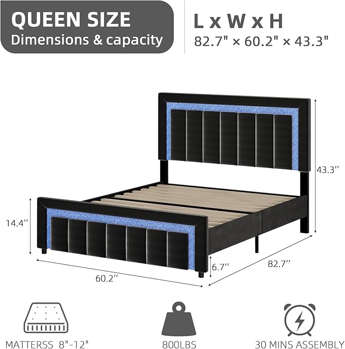 HOMBCK Queen Size Bed Frame with LED Lights and Velvet Upholstered Headboard, Bed Frame Queen with Modern Diamond Headboard Adjustable, Wooden Slats Support, Noise Free, No Box Spring Needed, Black