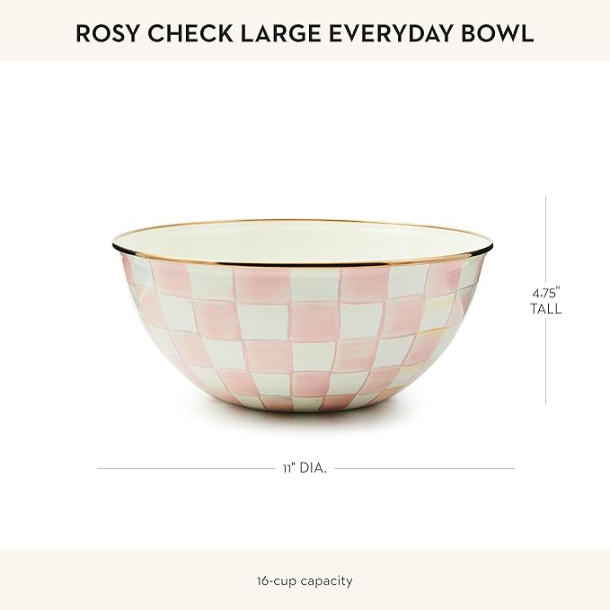 MACKENZIE-CHILDS Enamel Everyday Bowl, Serving Bowl for Entertaining, Large, Pink-and-White Rosy Check, Set of 1