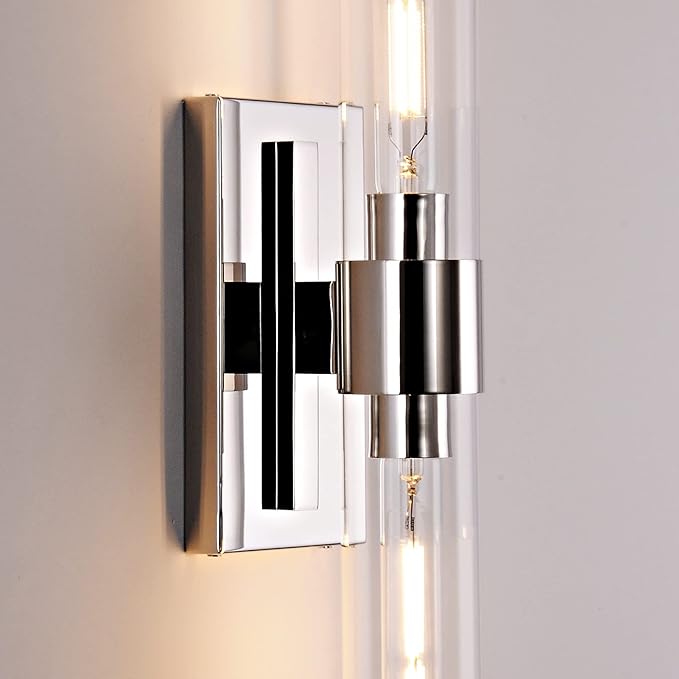 Bathroom Vanity Light Fixtures, Glass Tube Wall Sconces Set of 2, Nickel coloured base, Bathroom Wall Lights, Bedroom Bedside Wall Light, Wall Lamp For Dressing Table, Living Room, And Hallway