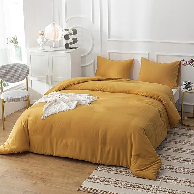 Luxlovery Mustard Yellow Comforter Set King Bedding Comforter Sets Men Women Solid Color Ginger Yellow Blanket Quilts Beathable Soft Cozy Puffy Lightweight Hotel Quailty Bedding Set