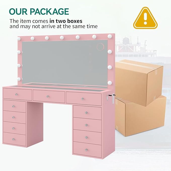 Vanity Desk, 11 Drawers Makeup Vanity with Power Outlet, Vanity Table with Mirror and Lights, 3 Color Lighting Modes, Dressing Table for Bedroom (Pink)