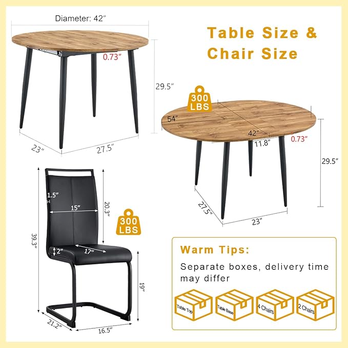 42"-54" Extendable Dining Table Set for 6, Oval Dining Table Set for 6, 0.73" Thick Wood Tabletop with Smooth Edge, Black Metal Leg with Non-Slip Footmat, 6 Soft PU Chairs, for Kitchen, Small Space