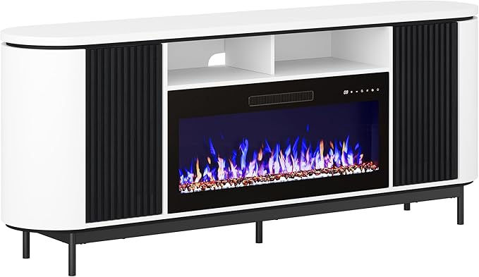 BELLEZE 76" Curved Profile TV Stand with 36" Electric Fireplace, Large Entertainment Center with Storage for TVs up to 80", Modern Media Console Fluted TV Cabinet for Living Room, White