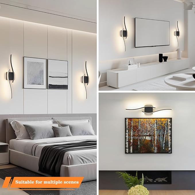 Modern Battery Operated Wall Sconce Set of 2, Black Dimmable LED Wall Light with Remote Control, 3CCT Adjustable, Timer& Memory Function, Wireless Wall Light for TV Wall Living Room Bedroom