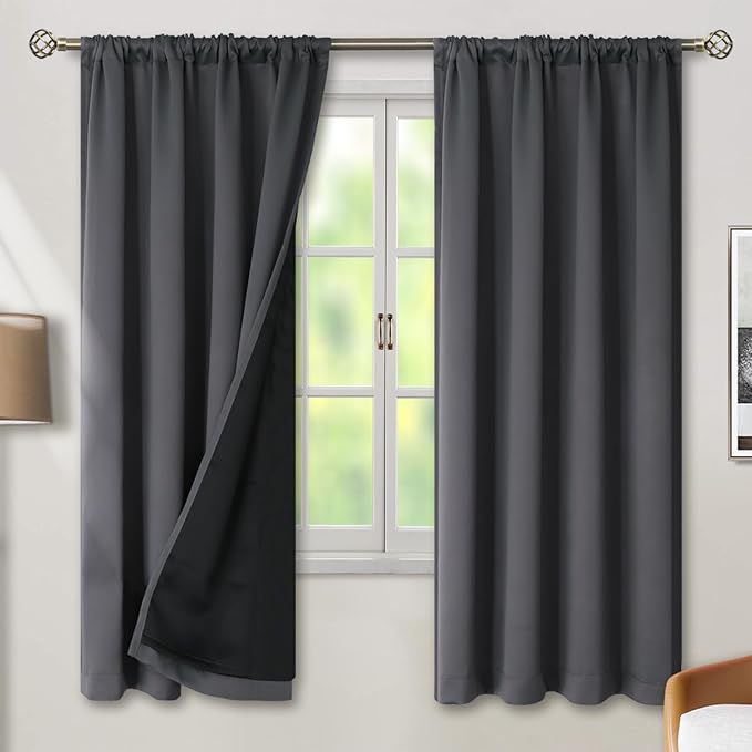 BGment 100% Grey Blackout Curtains 72 Inches Long for Bedroom, Double Layer Room Darkening Thermal Insulated Curtains with Liner Rod Pocket and Back Tab Panels(42 x 72 Inch, 2 Panels, Dark Grey)