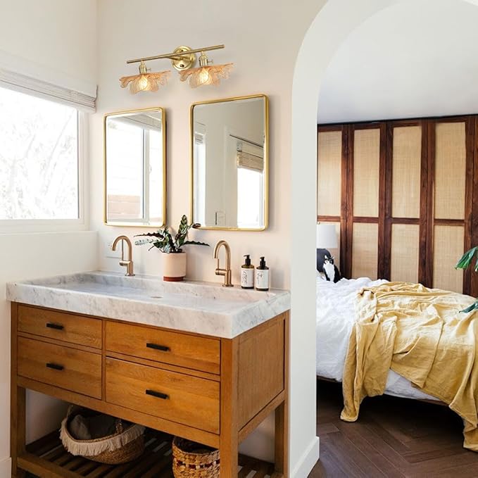 Bathroom Light fixtures Vintage Wall Sconce 2 Light Bathroom Vanity Light Gold Wall Sconce Lights Amber Glass Art Deco Vanity Lights Over Mirror for Bedroom Hallway Living Room