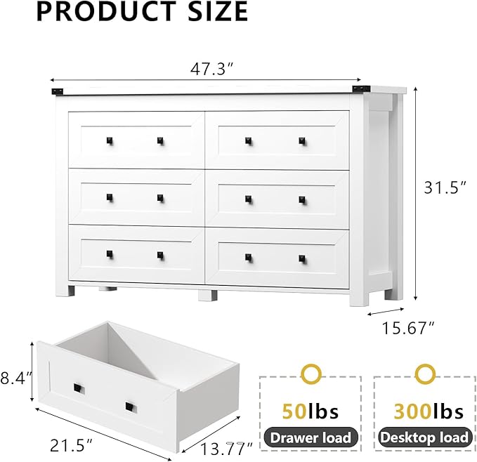 White Dresser for Bedroom, 47.3" Modern Dresser for Closet TV Stand, 6 Drawer Wood Dressers & Chest of Drawers with Black Knobs, Wide Closet Storage Organizer for Living Room, Hallway