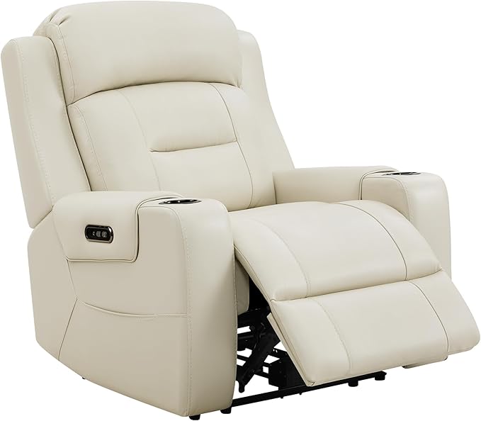 Watson & Whitely Genuine Leather Power Recliner Chairs for Adults, Lay Flat Recliner with Power Headrest, USB Ports and Cup Holders, Electric Reclining Sofa for Living Room, Bedroom, Cream