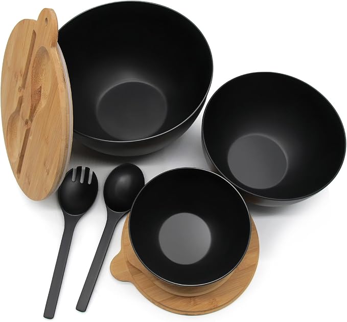Salad Bowls Set of 3 with Seal Lid & Serving Utensils, Bamboo Fiber Mixing Bowls Set Large Serving Bowls & Storage Set with Bamboo Lid for Salad, Kitchen Eating, Pasta, Popcorn, Fruit, Black