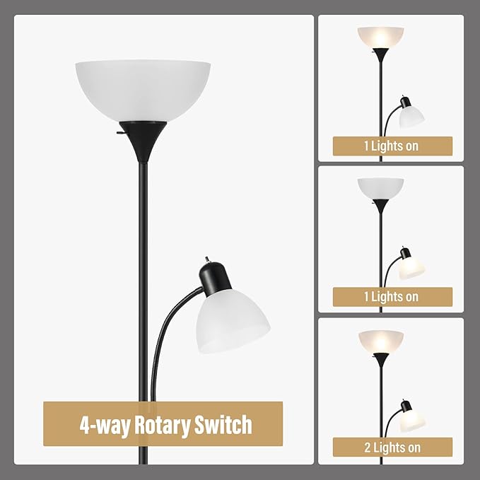 Floor Lamp with Reading Light, 68" Tall Lamp for 2 Head, Standing Lamps for Living Room, Bedroom, Corner, Office. No Bulbs