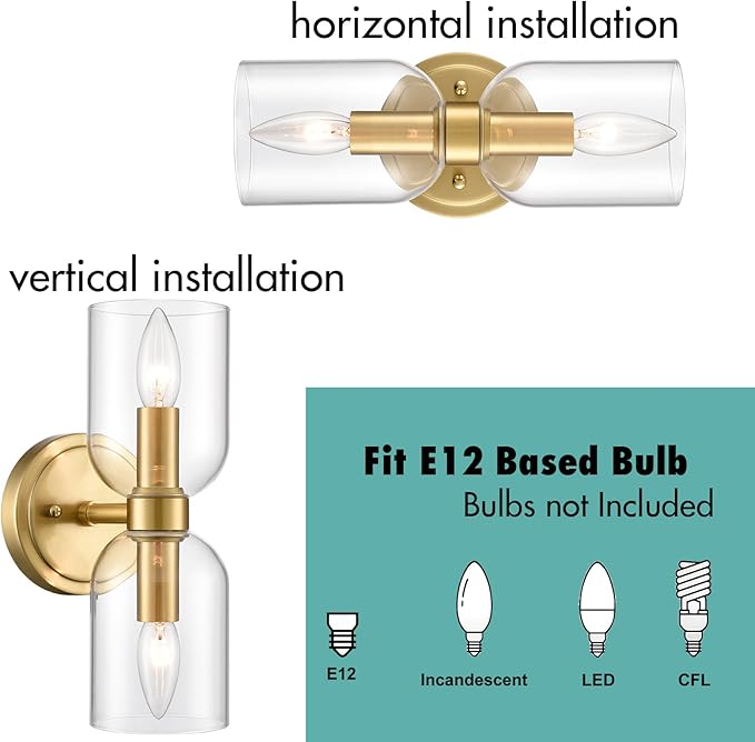 CLAXY Gold Wall Sonce Dimmable E12 Based Wall Lamp for Bathroom with Clear Shades-Vertical and Horizontal Installation