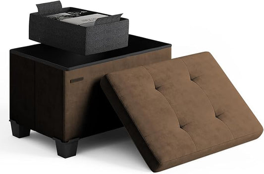 STORAGEBUD Storage Ottoman Cube with Small Bin, 16-in Square Ottoman with Storage for Living Room and Bedroom, Small Ottomans Foot Rest, Velvet Foot Stools Ottomans Max 330lbs, Brown