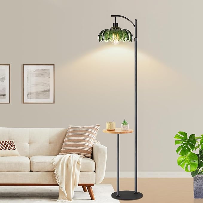 Arc Floor Lamp with Table and Shelves,Black Floor Lamp for Bedroom Glass Floor Lamps with Remote Control & 3 Color Temperature,Modern Standing Lamp Tall Flower Floor Lamps for Living Room Corner