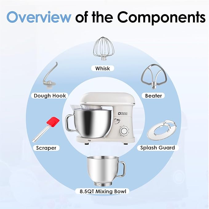 Kitchen in the box Stand Mixer - 8.5 Quart Mixing Bowl, 900 Watt Kitchen Electric Mixer for Heavy Dough, Large Capacity Food Mixer for Home Cooks with Egg Whisk, Dough Hook & Flat Beater (Cream)