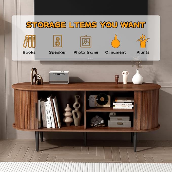 47" Mid-Century Modern TV Stand with Sliding Door & Storage | Walnut Media Console for Living Room | Gaming Entertainment Center Cabinet for Bedroom/Office (47")