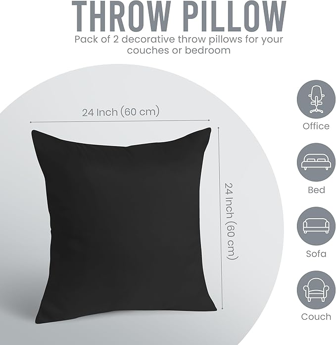 Utopia Bedding Throw Pillows Insert (Pack of 2, Black) - 24 x 24 Inches Bed and Couch Pillows - Indoor Decorative Pillow