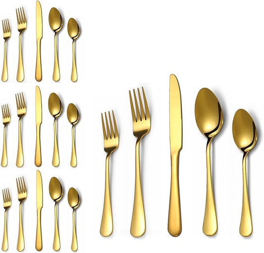 Lazycorner 20 Pcs Gold Silverware Set for 4, Food Grade Stainless Steel Flatware Set Include Fork/Knife/Spoon, Mirror Polished Eating Utensils Sets, Reusable Silverwear Cutlery Set, Dishwasher Safe