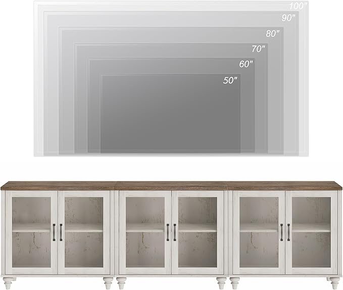 WAMPAT Farmhouse TV Stand for 100 Inch TV, Glass Wooden Universal TV Stand with 3 Storage Cabinets, Entertainment Center for 75/80/85/90 Inch TV, Console Table for Living Room, Bedroom, Rustic White