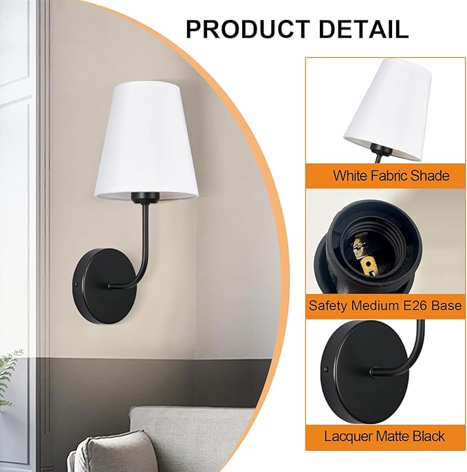 Modern Hardwired Wall Sconce Set of 2 – Matte Black Finish with White Fabric Shades,Farmhouse Bedroom & Living Room Lighting, Hallway, Fireplace, Bathroom