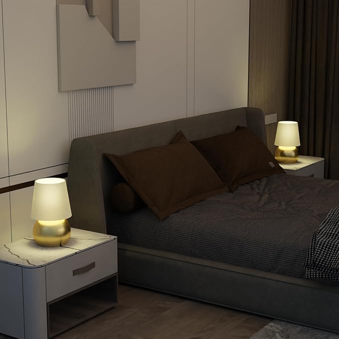 Set of 2 Small Gold Spherical Base Bedside Table Lamp with Textured Linen Shade (Bulb Included)