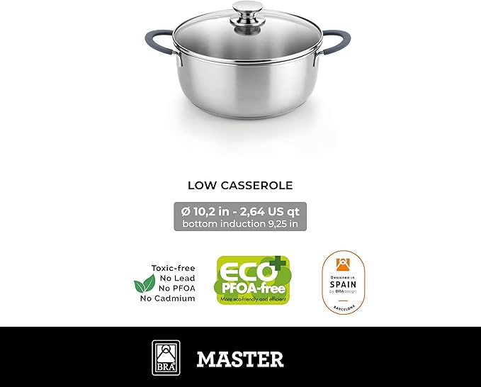 BRA COOKWARE Master 9 Piece Cookware Set | Stainless Steel Professional Kitchenware Set | 2 Pots, 1 Sauté Pan, 3 Frying Pans, 3 Lids | All Stovetop Compatible | PFAS Free | w/o Non-Stick