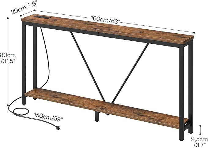 HOOBRO 63" Console Table with Charging Station, 2-Tier Extra Long Sofa Table with V-Brace, for Narrow Space, Entryway Table for Entryway, Hallway, Living Room, Rustic Brown BF166UXG01