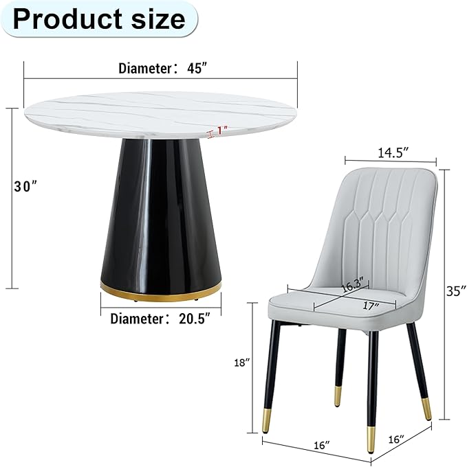 45 Inch Round Dining Table Set for 4, 5 Piece Kitchen Table and Chairs Set, White Faux Marble Table Top, Small Space Dining Set for Apartment or Dining Room