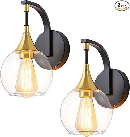 Black and Gold Wall Sconces Set of Two, Modern Wall Sconce Light with Clear Glass Shade,Indoor Wall Light Fixture Wall Lamps for Bedroom, Hallway, Bathroom