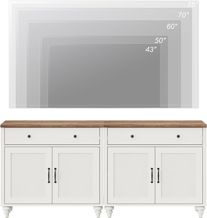 WAMPAT Farmhouse TV Stand for 100 Inch TV, 4-in-1 TV Console Table for 75/80/85/90 Inch TV, Entertainment Center with Charging Station, Kitchen Sideboard Buffet Cabinet for Dining Room, White
