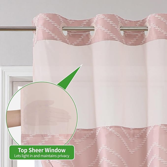 Blush Pink No Hook Shower Curtain with Snap-in Liner Set,Boho Modern Farmhouse White Tufted Chevron Striped Design,Woven Fabric Bathroom Curtain,71x74