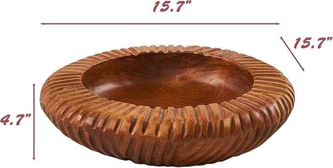 Teak Handcrafted Wooden Bowls Natural Wood Round Utility Bowl 15.7" W Handmade Rustic Serving Platter Fruit Snack Holder for Entry Table Vintage Artworks Dining Room Home Décor