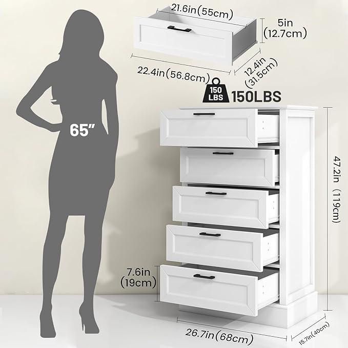White Dresser for Bedroom, Wood Dresser with 5 Drawers, Chest of Drawer for Bedroom Living Room Entryway Hallway, Modern Farmhouse Style Black Handles 47" Tall