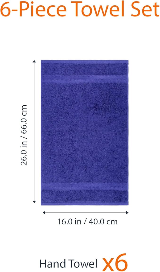 Amazon Basics 6 Piece hand towels for bathroom, Fade Resistant 100% Cotton Hand Towels, soft absorbent bathroom hand towels 6 - Pack (26''x16''), Navy Blue