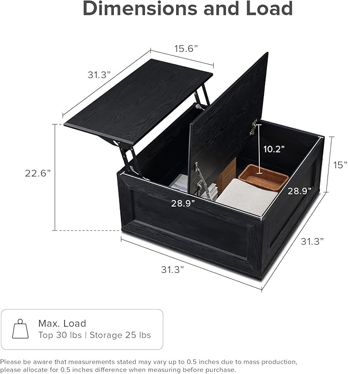 mopio Blake Lift Top Coffee Table with Storage, Modern Farmhouse Square Wood Center Coffee Table with Easy Lifting Top, Chamfered Edge & Soft Closing (Black Oak)