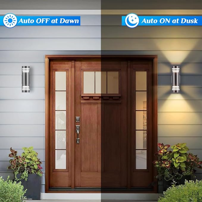 SHIMR Dusk to Dawn Outdoor Wall Light, Exterior Light Fixture Stainless Steel, Outdoor Sconce Lights Cylinder, Waterproof Up and Down Light Wall Mount Electroplated Silverl Finsh, LED Bulbs Include