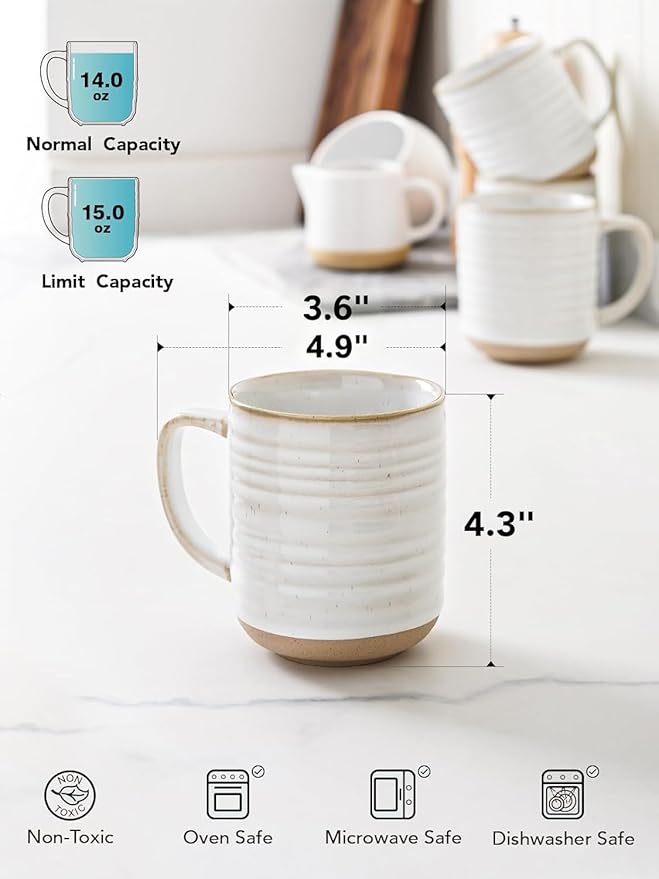 LE TAUCI Coffee Mugs 15 oz,Ceramic Mug Set, Coffee Cups for Latte, Hot Tea, Cappuccino, Mocha, Cocoa, Dishwasher Safe, Suit For Housewarming Wedding- 3.5 inch, Set of 4, Arctic White