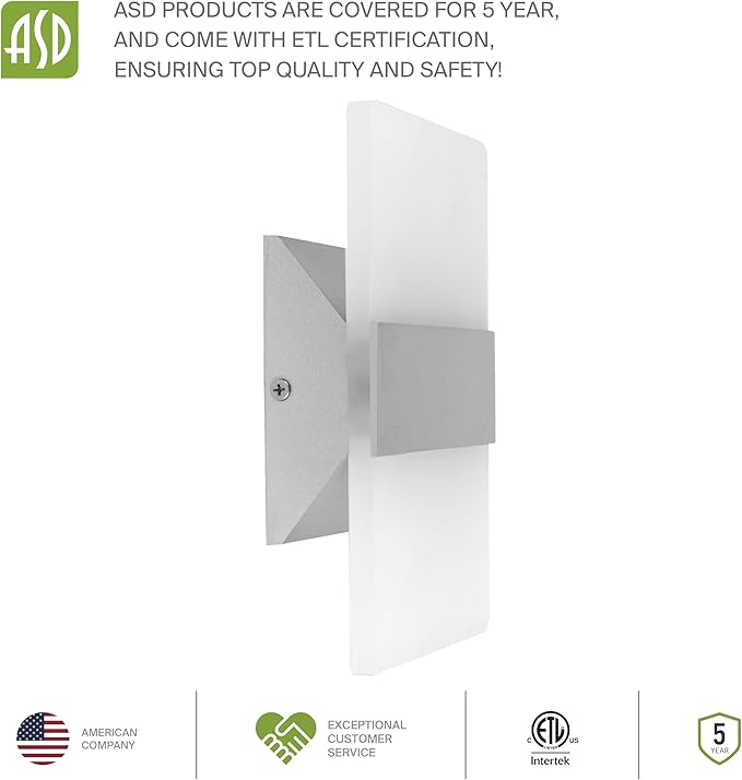 ASD 8 Inch LED Indoor Wall Sconce - Modern Interior 10W 120V 2700K-5000K Adjustable Dimmable Wall Mounted Light Fixtures, Acrylic Glass Wall Lights for Stairway, Hallway - ETL, Brushed Nickel 2 Pack