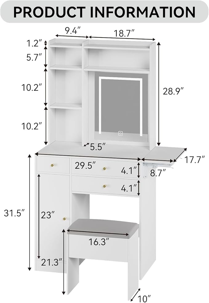 ARTETHYS Vanity Desk with Mirror and Lights White Makeup Vanities Set with Storage Chair Dressing Table with Drawer and Fold-up Panel for Bedroom