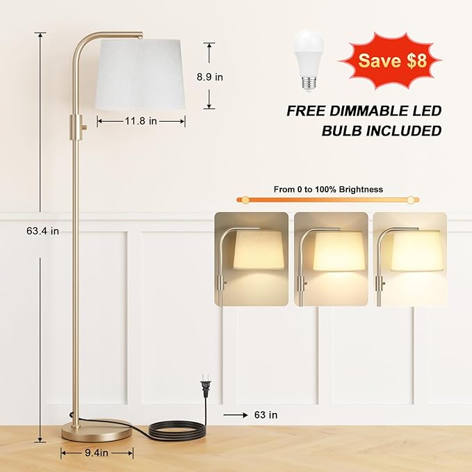 Ambimall Fully Dimmable Floor Lamp - Floor Lamps 9W LED Light Bulb, Standing Lamp for Living Room with Adjust Head, Modern Standing Light Rotary Switch, Tall Lamp for Bedroom(Sand Gold and Light Beige