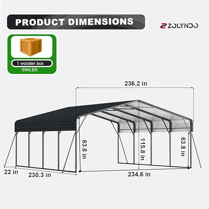 20x20FT 2 Car Metal Carport Kits, Heavy Duty Two Car Ports on Clearance with Galvanized Metal Roof, Outdoor Garage Double Car Shelter Shade for Car, Boats and Truck (Dark Gray)