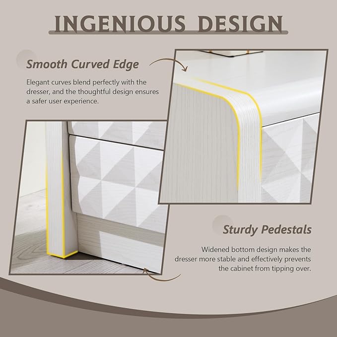 Modern 5 Drawer Dresser for Bedroom, Wooden Tall Dressers &Chests of Drawers w/Two Different Drawer Sizes, Mid Century Modern Dresser w/Diamond Panel Decorate for Bedroom, Curved Profile Design, White